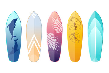 A set of surfboards, with various patterns.Summer elements.Vector illustration isolated on a white background.