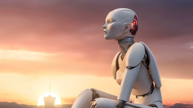 A self-aware android (artificial intelligence) sitting on a hill overlooking a sunset (Generative AI)