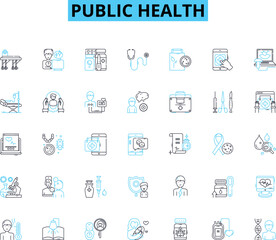 Public health linear icons set. Epidemiology, Outbreaks, Vaccinations, Prevention, Healthcare, Pandemic, Disinfectant line vector and concept signs. Sanitation,Infectious,Hygiene outline illustrations