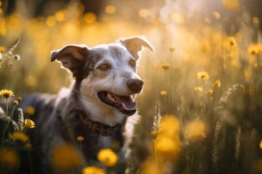 Close up image of a dog in a field of flowers Generative AI