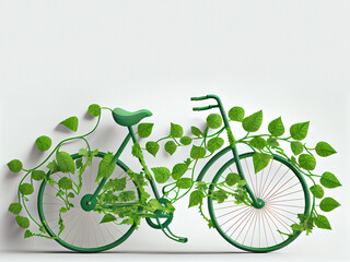 The concept of eco-friendly individual transport - a bicycle twined with green leaves of a liana on an isolated white background. Generative AI