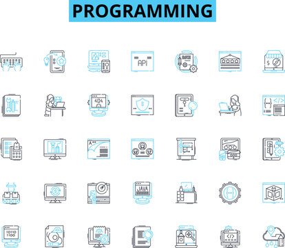 Programming linear icons set. Debugging, Syntax, Function, Algorithm, Compiler, Loop, Variable line vector and concept signs. Code,Framework,Paradigm outline illustrations