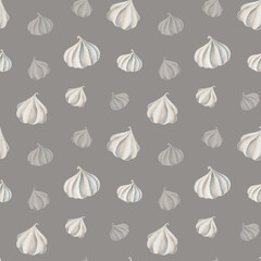 Watercolor seamless pattern with meringues. Hand painting sweet on a white isolated background. For designers, menu, shop, polygraphy,bar, bistro, restaurant, for postcards, wrapping paper, covers