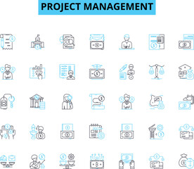 Project management linear icons set. Planning, Organizing, Scheduling, Budgeting, Prioritizing, Coordination, Communication line vector and concept signs. Leadership,Resource allocation,Risk