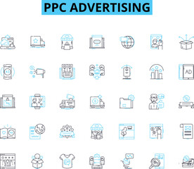 PPC advertising linear icons set. Adwords, Bidding, Campaigns, Clicks, Conversions, Cost-per-click, CTR line vector and concept signs. Display,Google Ads,Impressions outline illustrations