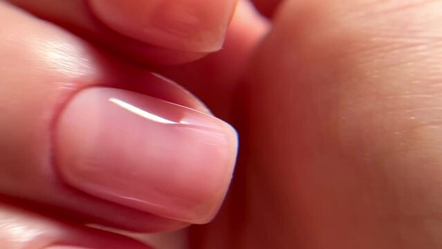 Beautiful nude manicure. Nail design. Manicure with gel polish. Close-up of the hands of a young woman with a gentle nude manicure on her nails. Bright nails with gel polish.