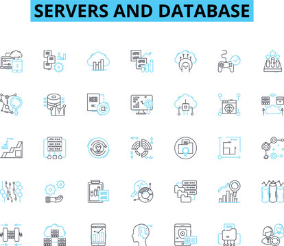 Servers and database linear icons set. Reliability, Capacity, Scalability, Redundancy, Uptime, Security, Performance line vector and concept signs. Backup,Recovery,Monitoring outline illustrations