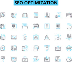 SEO optimization linear icons set. Keywords, Organic, Ranking, Traffic, Algorithm, Backlinks, SERP line vector and concept signs. Meta-tags,Analytics,Mobile-friendly outline illustrations