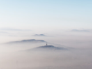 Sarajevo city, capital of Bosnia and Herzegovina engulfed in smog. Air pollution. Dirty air. Public...