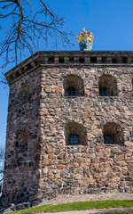 Stone Fortification building Skansen Krona exterior Wall and Golden Crown near Haga residential area, Gothenburg, Sweden.