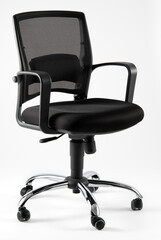 Fototapeta premium Black office spinning chair with chromed legs and wheels isolated