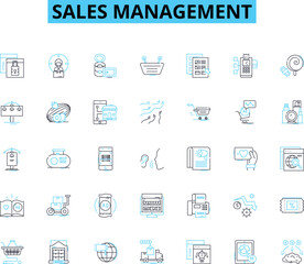 Sales management linear icons set. Prospecting, Pipeline, Forecasting, Territory, Metrics, Training, Performance line vector and concept signs. Quota, Incentives, Strategy outline illustrations