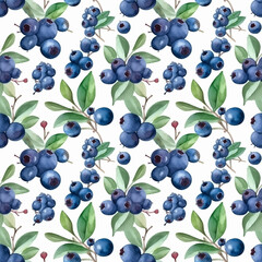 Seamless pattern with many blueberries on white background in watercolor style. Generative AI.