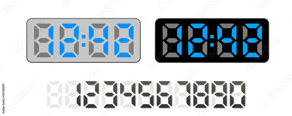 Poster digital clock, digital blue numbers in flat style on black and gray clock on white background. set o