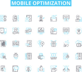 Mobile optimization linear icons set. Responsiveness, Compatibility, Adaptability, Streamlining, Efficiency, Accessibility, User-friendliness line vector and concept signs. Integration,Optimization
