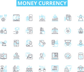 Money currency linear icons set. Dollar, Euro, Yen, Pound, Franc, Rupee, Bitcoin line vector and concept signs. Cryptocurrency,Cash,Credit outline illustrations
