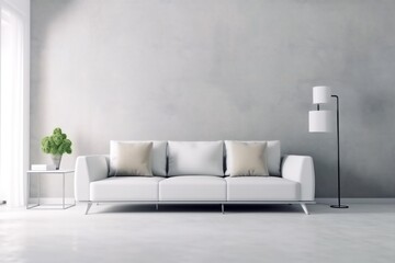interior background carpet house design green white light pillow indoor simple living room empty. Generative AI.