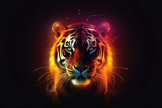 Image of a a tiger head with beautiful bright colors on a dark background. Wildlife Animals. Illustration, generative AI.