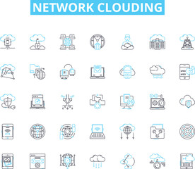 Network clouding linear icons set. Virtualization, Scalability, Elasticity, Automation, Provisioning, Orchestration, Multi-tenancy line vector and concept signs. APIs,Integration,Agility outline