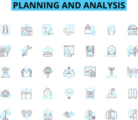 Planning and analysis linear icons set. Strategy, Forecasting, Optimization, Research, Assessment, Evaluation, Brainstorming line vector and concept signs. Implementation,Resource allocation,Decision