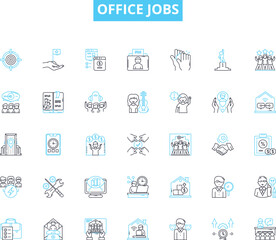 Office jobs linear icons set. Administrative, Accounting, Communications, Customer support, Data entry, Emailing, Finance line vector and concept signs. Filing,Invoicing,Human resources outline