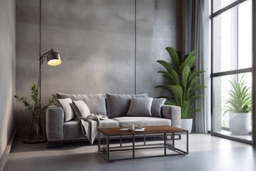interior contemporary house couch room wall comfortable green decor lifestyle modern concrete. Generative AI.