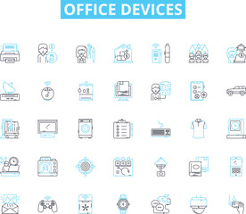 Office devices linear icons set. Printer, Scanner, Copier, Fax, Mouse, Keyboard, Monitor line vector and concept signs. Laptop,Computer,Printer cartridge outline illustrations