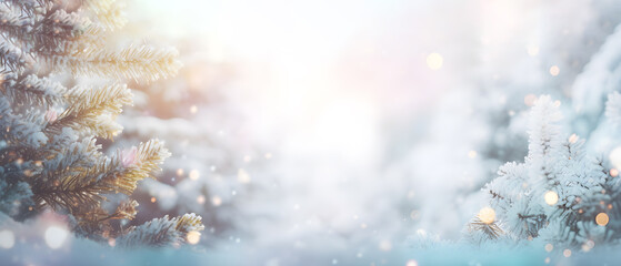 Fototapeta na wymiar Festive Christmas Tree in Snowy Bokeh Background. created with Generative AI