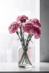 Pink carnation flowers in a vase on window, Generative AI
