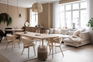 interior design modern home living room empty pillow window living table elegant plant. Generative AI.