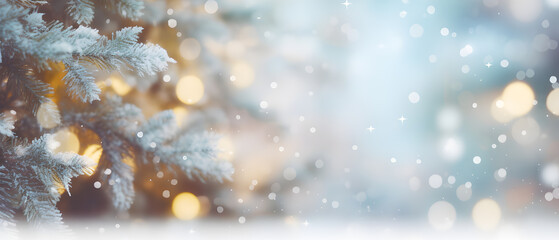 Fototapeta na wymiar Festive Christmas Tree in Snowy Bokeh Background. created with Generative AI