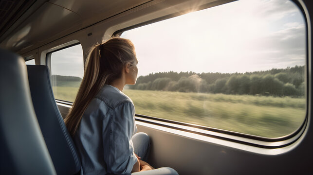 woman in modern train looking through the window