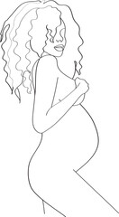 Beautiful young pregnant sexy woman with long curly hair and big belly, without clothes. line drawing of a pregnant woman. Minimalist contour illustration of a happy mother. 