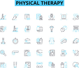 Physical therapy linear icons set. Rehabilitation, Exercises, Manual, Orthopedic, Strength, Flexibility, Mobility line vector and concept signs. Joint,Pain,Progress outline illustrations