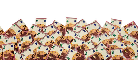 a heap of 10 euro banknotes on a white background for banner, panorama or border