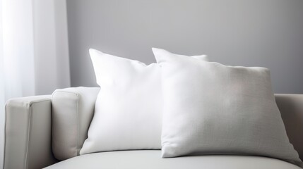 Fototapeta na wymiar A modern, minimalist bedroom decoration design features a large blank pillow mockup with a white background, creating a simple and elegant atmosphere for the home, AI generated