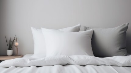 A modern, minimalist bedroom decoration design features a large blank pillow mockup with a white background, creating a simple and elegant atmosphere for the home, AI generated