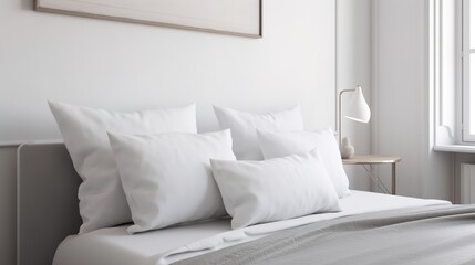 A modern, minimalist bedroom decoration design features a large blank pillow mockup with a white background, creating a simple and elegant atmosphere for the home, AI generated