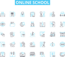 online school linear icons set. Distance, Web-based, Virtual, Remote, E-learning, Digital, Cyber line vector and concept signs. Internet,WLAN,Webinar outline illustrations