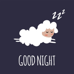 Cute lamb in cartoon style is sleeping. Good night wishes.