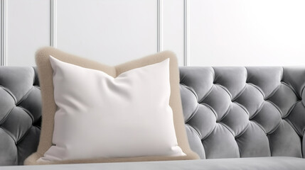 A modern, minimalist bedroom decoration design features a large blank pillow mockup with a white background, creating a simple and elegant atmosphere for the home, AI generated
