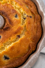 Lemon blueberry bundt cake with powdered sugar dusting