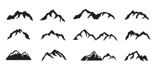 Mountain, rocks and volcano peaks vector icons set