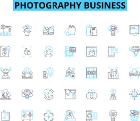 photography business linear icons set. lens, aperture, shutter, flash, light, exposure, composition line vector and concept signs. portrait,landscape,wedding outline illustrations