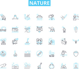 Nature linear icons set. Forest, Mountain, River, Ocean, Lake, Sky, Sunset line vector and concept signs. Sunrise,Clouds,Rainforest outline illustrations