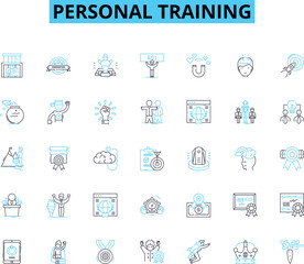 Personal training linear icons set. Fitness, Exercise, Strength, Endurance, Conditioning, Health, Flexibility line vector and concept signs. Agility,Wellness,Motivation outline illustrations