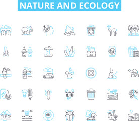 Nature and ecology linear icons set. Forest, River, Mountain, Wildlife, Ocean, Soil, Wilderness line vector and concept signs. Ecosystem,Sustainability,Biodiversity outline illustrations