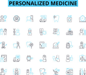 Naklejka na ściany i meble Personalized medicine linear icons set. Genomics, Pharmacogenomics, Biomarkers, Precision, Tailored, DNA, Individualized line vector and concept signs. Therapy,Prognostic,Predictive outline