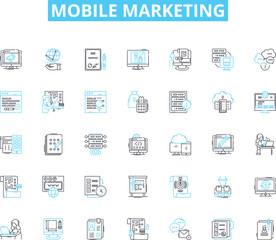 Mobile marketing linear icons set. Texts, SMS, MMS, Push, App, In-app, Geolocation line vector and concept signs. Personalization,Targeting,Engagement outline illustrations