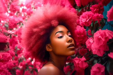 African girl with curly pink hair on the background of bougainvillea, Ai generative